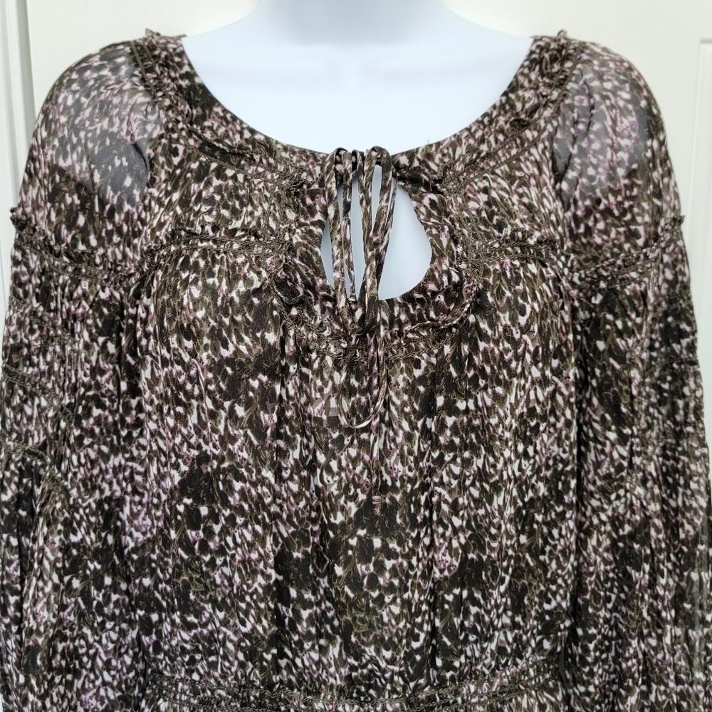 Max Studio Brown Purple Sheer Lined Chiffon Dress Balloon Sleeve Size Medium - Picture 2 of 11